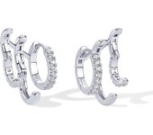 Pendientes de declaración de aro triple con postes de plata esterlina chapada en oro de 14K | Pendientes de oruga Huggie sin piercing para mujer en oro blanco