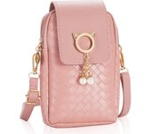 Bolso bandolera para teléfono móvil con diseño de gato y colgante de perla, minibolso de hombro de piel sintética ajustable, color rosa