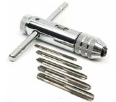 Llave de macho de trinquete con barra en T, llave de macho de trinquete con forma de T HSS ajustable, soporte de macho de trinquete, llave con mango de barra en T con 5 tamaños de machos de roscar manuales M3-M8 3 mm-8 mm