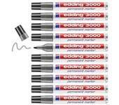 edding 3000 marcador permanente - gris - 10 rotuladores - punta redonda 1,5-3 mm - indeleble de secado rapido - resistente al agua y a los borrones - carton, plastico, madera, metal, tela - universal