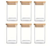 HOGUITA-Juego de 6 Tarros de Cristal con Tapa de Bambú Hermética, Botes de Cocina Transparentes para Almacenaje de Alimentos, Recipientes de Vidrio para Avena, Café, Azúcar, Té, Especias, Frutos Secos y Legumbres