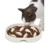 Comedero slow para Gatos antivómitos, Con Borde Elevado y antideslames, ideal para Comida húmeda y Seca, ideal para una Alimentación saludable (ovalado-Blanco)