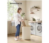 SONGMICS Cesto de Ropa Sucia con Tapa, Gran Cesta Ropa Sucia, 90 L, Forro de Malla Extraíble, Tejido Oxford, Asas Bambú, Plegable, 42 x 32 x 70,5 cm, Negro Tinta/Gris Paloma/Azul Carbón/Verde Menta/Marrón Camello/Blanco Crema