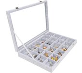 Bandeja Joyas Terciopelo Gris Expositor de Joyas 24 Secciones y Tapa de Vidrio – Organizador Joyas Cajones Apilable Secciones Ajustables para Collares, Brazaletes, Pendientes y Relojes