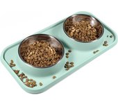 Cuencos de comida para perros y Gatos, cuencos para Gatos con tapetes de silicona antideslizantes y antideslizes con soporte, Platos De Comida y Agua de Maple inoxidable para Gatos y Perros Pequeños. Aguamarina