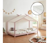 Cama para niños Brome Forma casita con colchón y techo pino 90x200cm - Rosa y Blanco [en.casa]