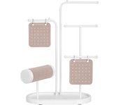 SONGMICS Soporte para Joya, Organizador de Joya, Expositor de Joya con Marco de Metal, 2 Tablas Pendientes, 4 Varillas de Colgar, para Collares Pendientes Pulseras Relojes, Blanco Nube/Dorado Metálico/Negro Tinta