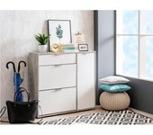 Vente-unique - Mueble zapatero ARIETTA - 2 compartimentos , 1 puerta y 1 cajón - Color blanco y cemento