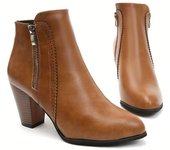 Women's Solid Color Trendy Ankle Boots Side Zipper Thick-Soled Chunky High Heel Shoes Pointed Toe Casual Botas