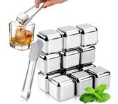 12 cubitos de hielo reutilizables de acero inoxidable 304 con pinzas y caja de embalaje, congelación para vino, vodka, whisky, cerveza o zumos de bebidas