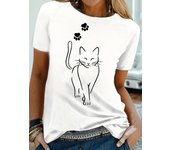 Cat Print T-shirt Short Sleeve Crew Neck Casual Top for Summer & Spring Women's Clothing