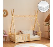 Cama infantil Tipi Helsingborg con reja de seguridad y colchón pino 140x70cm - Natural [en.casa]
