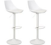 Set de 2 Taburetes Altos Cocina Giratorios en 360°, Juego de Sillas de Bar Regulables en Altura de 83 a 104 cm, con Respaldo,Material Polipiel, Estructura Metal Blanca y Reposapiés, Blancos