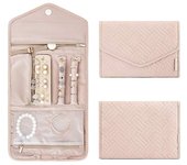 1 bolsa enrollable para joyas, bolsa de viaje de cuero, joyero plegable, joyero ligero, pendientes, collar, pulsera, anillo, organizador de joyas (rosa claro)