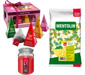 Pack surtido: MENTOLIN LIMON MELISA S/A BOLSA 1KG + Vela perfumada de frutos rojos + Caja de Té Joyfull con variedad de sabores