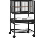 Pawhut Jaula para Pájaros Jaula Grande con Ruedas Paneles Acrílicos Comederos Perchas Estante Bandejas Extraíbles Pajarera para Loros Canarios 48x46x83 cm Negro