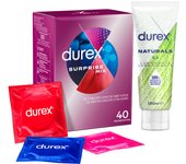 Durex - Surprise Mix 40 Condones Surtidos + Lubricante Naturals H2O 100ml, Sensitivo Suave, Extra Seguro y Estimulante Suave