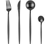 Mr.Spoon Juego 24 Piezas Cubiertos, Acero Inoxidable 18/0, Color Negro Mate o Brillo, Alta acabado, Diseño moderno, Incluye cuchillo,tenedor,cuchara,cucharilla, Cubertería, Apto para lavavajillas. Ideas de regalo， Incluye bolsa de regalo.