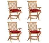 vidaXL Sillas de jardín 4 uds madera maciza de teca con cojines rojos