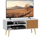 HOMCOM Mueble de TV Moderno Mueble de TV para Salón con 2 Compartimentos Abiertos 1 Puerta y Orificio para Cables para Televisión de 55 Pulgadas 110x40x50 cm Blanco y Natural