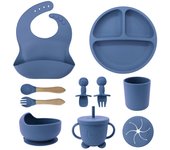 Vajilla de Bebé Silicona, 10 piezas Juegos de vajilla infantil, Cubiertos con plato ventosa, Plato Bebe Ventosa,Tenedor con mango de madera, bebe de silicona, Babero Set vajilla silicona bebe