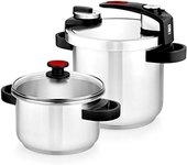 Bra - Set Duo Olla a Presión Tekna 7 Litros + 4 Litros, Incluye Tapa de Cristal, Acero Inoxidable, Triple Fondo Difusor, 2 Piezas, Sistemas de Seguridad