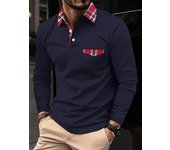 Spring and Autumn Classic Men's Red Checkered Pocket Collar Button Long Sleeve Polo Shirt Men's Sports and Leisure Polo Shirt