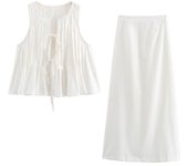 TELLHONEY Women Fashion O-Neck Lace Up Pleats Tops Back Zipper High Waist A Line Midi Skirts Female Casual Solid Two Piece Set