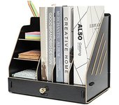 Organizador de escritorio con cajón de madera - Fácil montaje - Almacenamiento de archivos de 3 capas - Capacidad para documentos en papel A4, cartas y estante (negro)