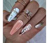 Rose Gold Glitter Press on Nails Square Extra Long Ballerina Fake Nails White Leaves Marble Pattern False Nails with Rhinestones Design Reusable Full