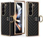 VIETAO Z Flod 6 5 4 3 Golden Plated Finger Ring Holder Kickstand Leather Mobile Phone Case Compatible With Galaxy Z Fold 6 5 4 3
