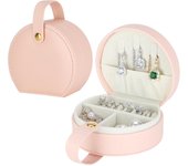 Estuche de viaje pequeño de piel sintética con asa, miniorganizador de joyas portátil para guardar anillos, collares y pendientes (rosa)
