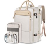 Mochila de mano, mochila de viaje para computadora portátil con puerto de carga USB y compartimiento para zapatos, bolsa para computadora portátil con certificado de vuelo expandible extra grande de 17 pulgadas con 2 bolsillos organizadores, color beige