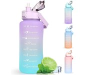 Botella de agua de 2 l sin BPA, para bebidas deportivas, con marcador de tiempo y tapa de bloqueo, a prueba de fugas, botella de agua de 2 litros con asa portátil, color rosa y rojo
