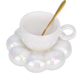 Taza de café de cerámica, juego de taza y platillo de café en la nube, taza linda con cuchara de flor y posavasos de girasol, taza de té Kawaii con plato, tazas de café con leche 6,7 oz/200ml