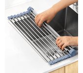Escurridor de platos sobre el fregadero, escurridor de platos enrollable, escurridor de platos de cocina, escurridor de platos de acero inoxidable, escurridor de platos plegable, gris