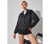 Women's Boyfriend Denim Jacket Long Sleeve Oversized Fringe Jean Jacket Coats