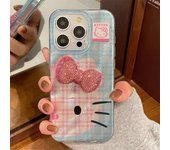 Hello Kitty Korea Grid Pattern Mirror Bow Strap Phone Case For iPhone 16 15 14 13 12 11 Pro Max XR XS MAX 7 8Plus MINI Y2K Cover