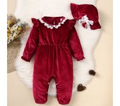 Christmas 2PCS Clothing Outfits Baby Girl Silky Romper with Hat Lace Neck Long Sleeve Jumpsuit Clothes for 0-2Years Toddler Girl