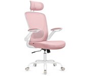 SONGMICS Silla de Oficina, Silla de Escritorio de Malla, Silla Giratoria Ergonómica, Soporte Lumbar, Oscilante, Asiento de 53 cm, Apoyabrazos Abatibles, Reposacabezas, Negro Tinta/Capuchino Beige/Rosa Jalea