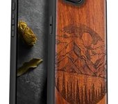 Funda magnética de madera para iPhone 16e (2025), madera maciza y TPU, diseño artesanal grabado, resistente a los golpes, compatible con cargadores inalámbricos MagSafe, con la bandera de Gadsden y de Estados Unidos - Blackwood