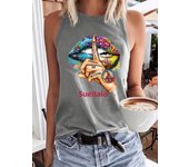 Summer Women's Colorful Lipprint Fingerprint Loose Size Round Neck Sleeveless Tank Top T-shirt