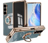 Luxury Plating Silicone Shockproof Bumper Case for Samsung Galaxy Z Fold 6 5 4 ZFold Fold6 Fold5 Fold4 Cover with Ring Holder