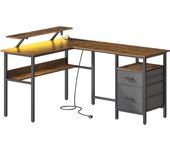 Escritorio Esquinero en Forma de L para Juegos - Con Luces LED, Tomas de Corriente, Soporte de Monitor y 2 Cajones, Fácil de Montar, Ideal para Oficina en Casa