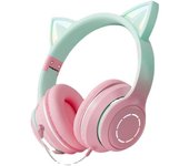 Auriculares inalámbricos Bluetooth con orejas de gato binaurales silenciosos, 5.2 pulgadas, auriculares inalámbricos Bluetooth brillantes para computadora y teléfono celular con micrófono (rosa)