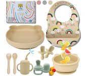 HappyDoo | Vajilla Bebe | 12 Piezas | Vajilla Bebe Silicona | Plato Bebe Ventosa | Cuenco | Vaso Bebe | Babero | Cubiertos Bebe | De Regalo Chupete Fruta | Vajilla Infantil | En Caja para Regalar