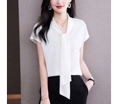 Bow Tie Blouse Shirt for Women OL Elegant Blouses Satin Womens Tops Silk Female Clothing 2023 Korean Fashion Short Sleeve Blouse