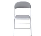 Silla SMART, plegable, metal, epoxi blanco, vinilo gris claro 6 sillas, plegables Armazón metálico,, tubo de acero con acabado epoxi blanco  -Asiento y respaldo tapizado con espuma y vinilo de color gris claro  Ancho: 53,5 cms Fondo: 45 cms Altura: 78