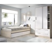 DEKIT GRUPO RIMOBEL TOP PACK - CONJUNTO DE CAMA CON 2 CAJONES Y ARMARIO DE 2 PUERTAS CORREDERAS Y 4 CAJONES - BLANCO / NATURAL