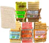 Protección. 5 Jabones Artesanos Naturales + Bolsa Sisal.  PumarShop Cinnia Natura. Jabones de Avena, Leche de Cabra, Caléndula, Árnica y Té Verde. Hechos a mano. Apto Veganos. 🛑 [en caso de falta de stock de alguno, se sustituirá por otro similar]